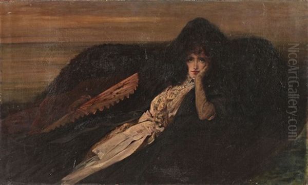 Portrait De Sarah Bernard A L'eventail Oil Painting by Georges Jules Victor Clairin