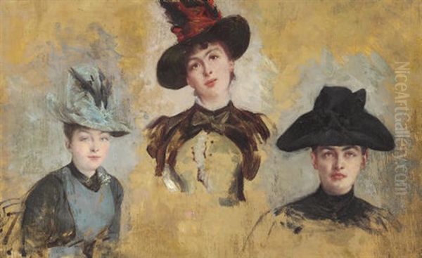 Trois Femmes En Chapeaux Oil Painting by Georges Jules Victor Clairin