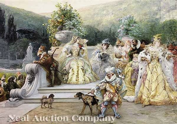 A Fashionable Company In Renaissance Dress, On A Golden Terrace Oil Painting by Georges Jules Victor Clairin