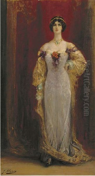 Portrait Of Cleo De Merode In A Lilac And Yellow Dress Oil Painting by Georges Jules Victor Clairin