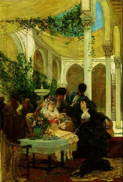 A Sevilian Courtyard Oil Painting by Georges Jules Victor Clairin