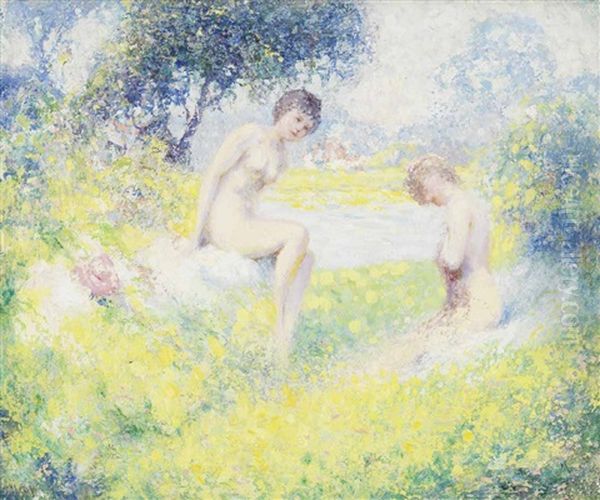 Two Nudes In A Landscape Oil Painting by William Henry Clapp