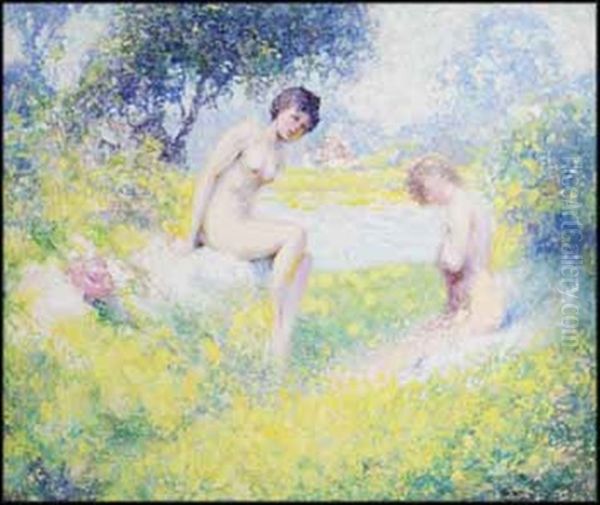 Two Nudes In A Landscape Oil Painting by William Henry Clapp