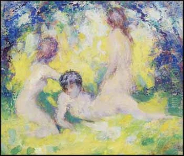 Three Nudes In A Landscape Oil Painting by William Henry Clapp