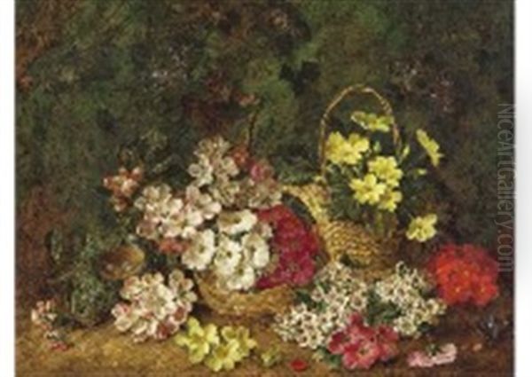 Bird's Nest And Flowers On A Mossy Bank Oil Painting by George Clare