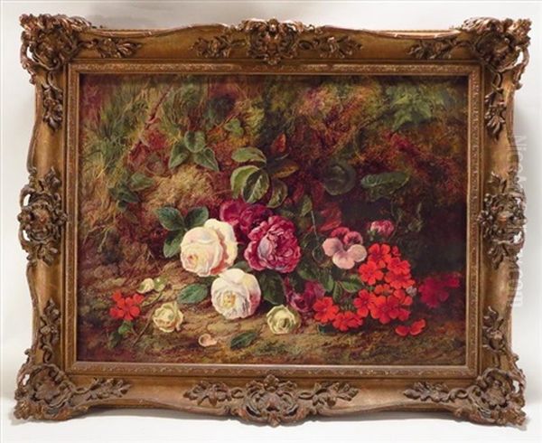 Pair Of Still Lifes, Flowers And Robin's Nest Oil Painting by George Clare