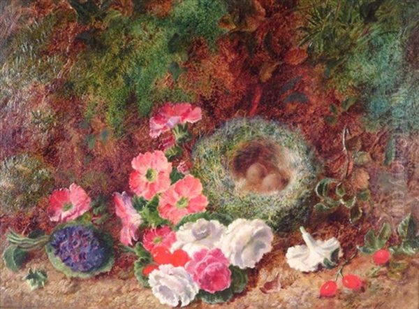 Pair Of Still Lifes With Flowers & Bird Nests Oil Painting by George Clare