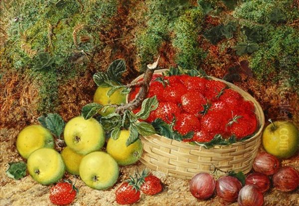 Still Lives Of Baskets Of Fruit On A Mossy Bank, A Pair Oil Painting by George Clare