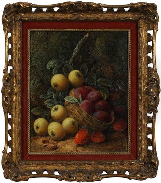 Plums In A Basket, Apples And Strawberries Against A Mossy Bank Oil Painting by George Clare