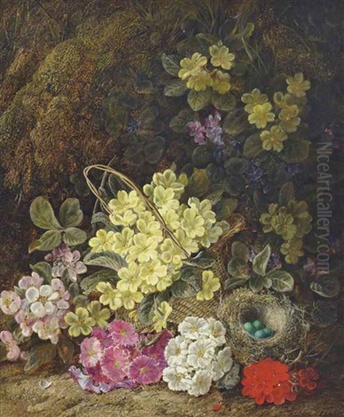 Primroses, Forget-me-nots, Geraniums, A Wicker Basket And Eggs In A Nest On A Sandy Bank Oil Painting by George Clare