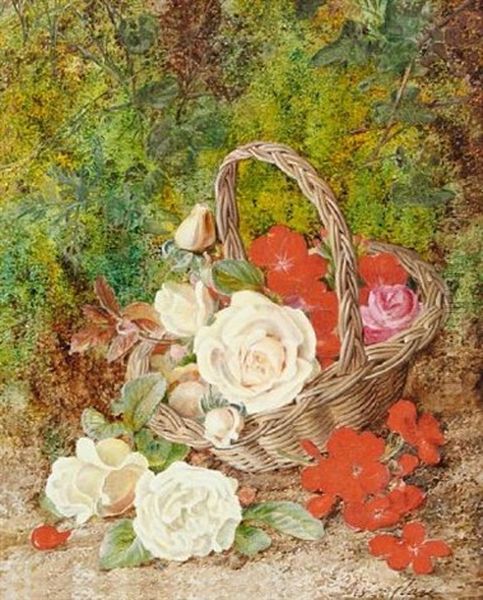 Still Life Of Roses, Geraniums And A Wicker Basket On A Mossy Bank Oil Painting by George Clare