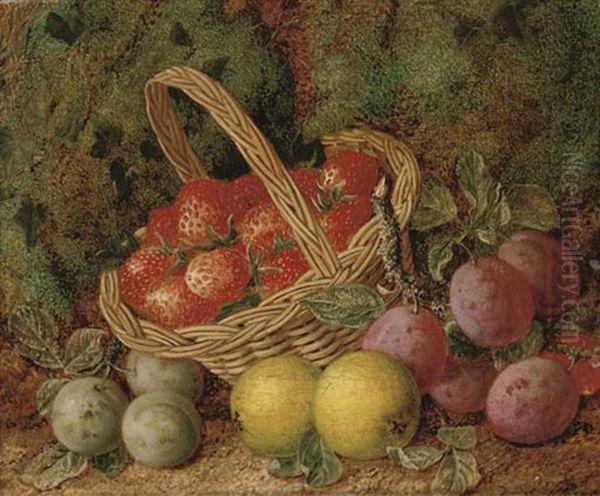 Apples, Plums And Strawberries On A Mossy Bank Oil Painting by George Clare