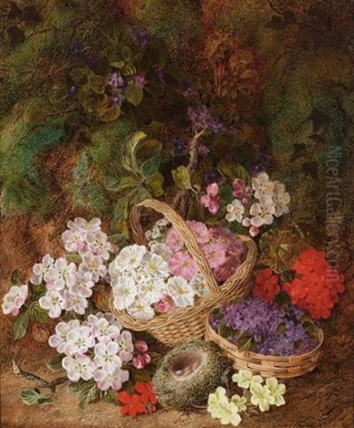 Geraniums, Primulas, Violets, Blossom And Bird's Nest On A Mossy Bank Oil Painting by George Clare