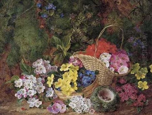 Flowers In Baskets And A Bird's Nest With Eggs On A Mossy Bank Oil Painting by George Clare