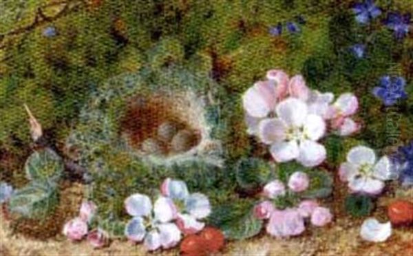 Apple Blossom, Berries And A Bird's Nest With Eggs On A Mossy Bank (+ Grapes, Raspberries And Greengages On A Mossy Bank; Pair) Oil Painting by George Clare