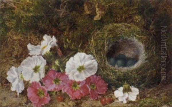 Pink And White Pansies And A Bird's Nest With Eggs On A Mossy Bank Oil Painting by George Clare