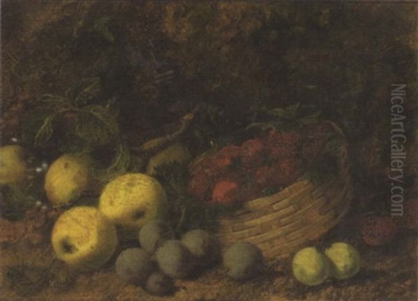 Still Life Of Apple, Plums And Strawberries In A Basket Oil Painting by George Clare