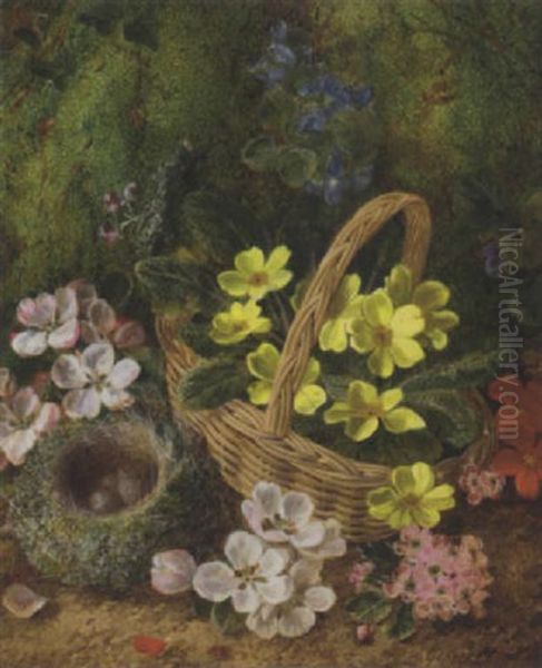 Primroses, Primulas, Apple Blossom With A Bird's Nest And Eggs And A Wicker Basket, On A Mossy Bank Oil Painting by George Clare