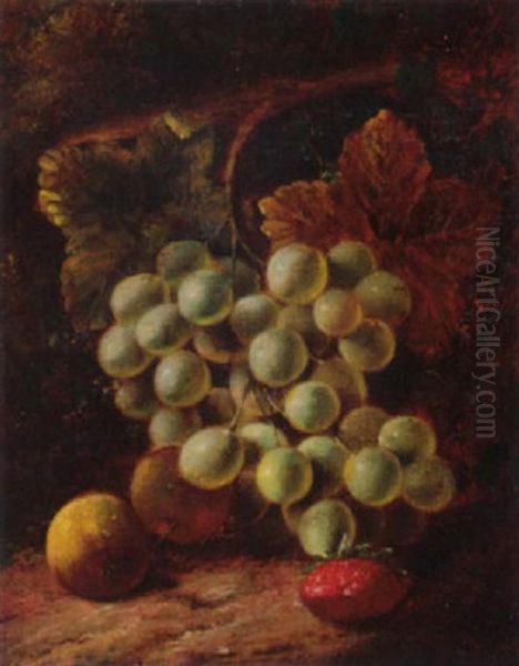 Grapes, Apples, And A Strawberry, On A Mossy Bank Oil Painting by George Clare