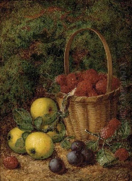 Apples, Plums And Raspberries In A Wicker Basket, On A Mossy Bank Oil Painting by George Clare