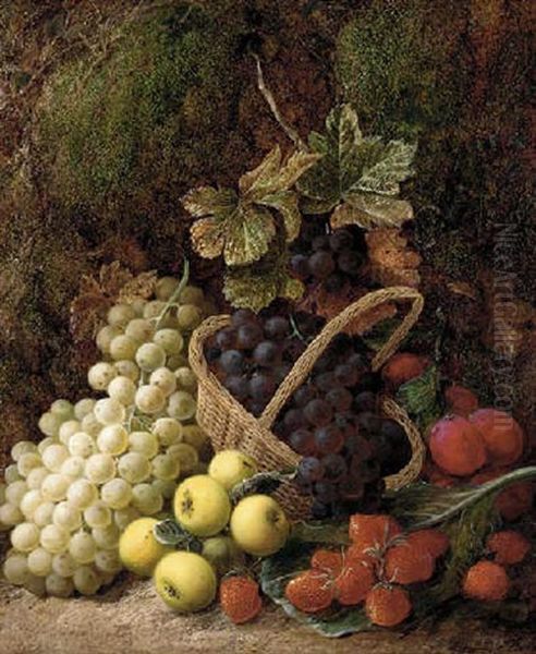 Strawberries, Apples, Plums And Grapes In A Wicker Basket, On A Mossy Bank Oil Painting by George Clare