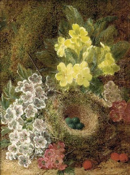 May Blossom, Primulas, Berries And A Bird's Nest With Eggs, On A Mossy Bank Oil Painting by George Clare