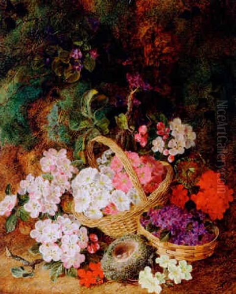 Baskets Of Primroses And A Bird's Nest On A Mossy Bank Oil Painting by George Clare