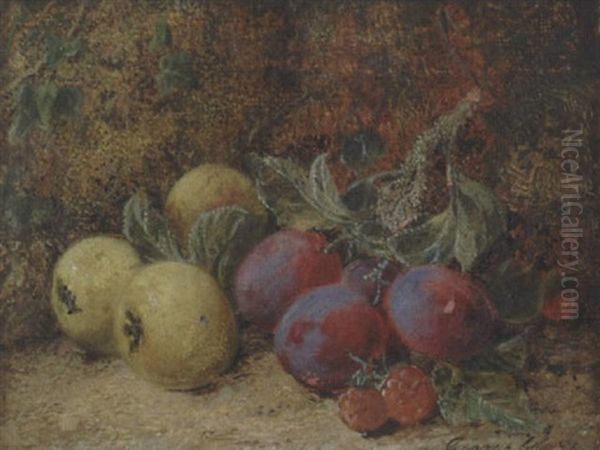 Still Life Of Plums, Raspberries And Crab Apples Oil Painting by George Clare