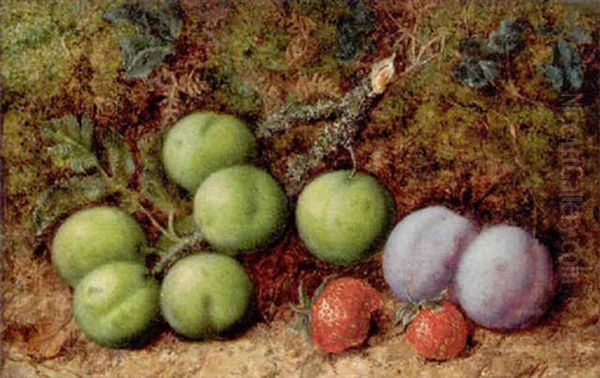 Plums And Strawberries On A Mossy Bank Oil Painting by George Clare