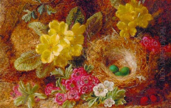 Primroses And Primulas With A Bird's Nest With Eggs On A Mossy Bank Oil Painting by George Clare