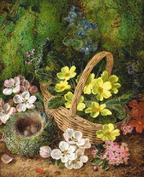 Primroses, Primulas, And Apple Blossom With A Bird's Nest With Eggs And A Wicker Basket, On A Mossy Bank Oil Painting by George Clare