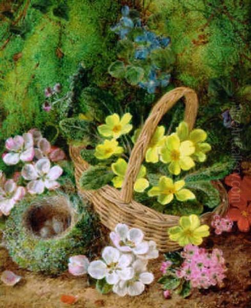 Primroses, Primulas And Apple Blossom With A Bird's Nest With Eggs And A Wicker Basket, On A Mossy Bank Oil Painting by George Clare