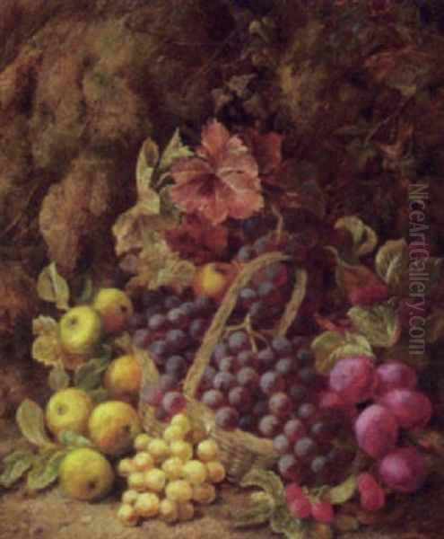 Grapes In A Basket, Plums, Raspberries And Apples On A Mossy Bank Oil Painting by George Clare