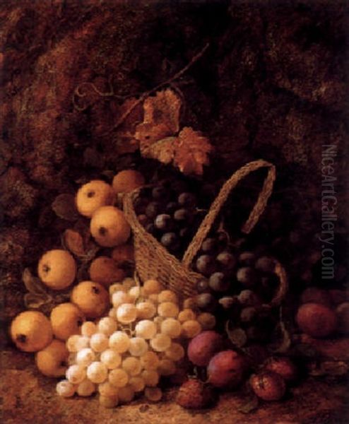 Still Life With Apples, Grapes, Strawberries And Plums On A Mossy Bank Oil Painting by George Clare