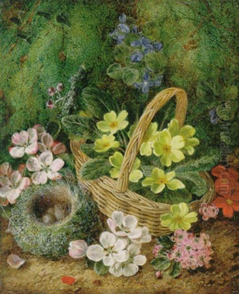 Primroses, Apple Blossom And A Bird's Nest On A Mossy Bank Oil Painting by George Clare