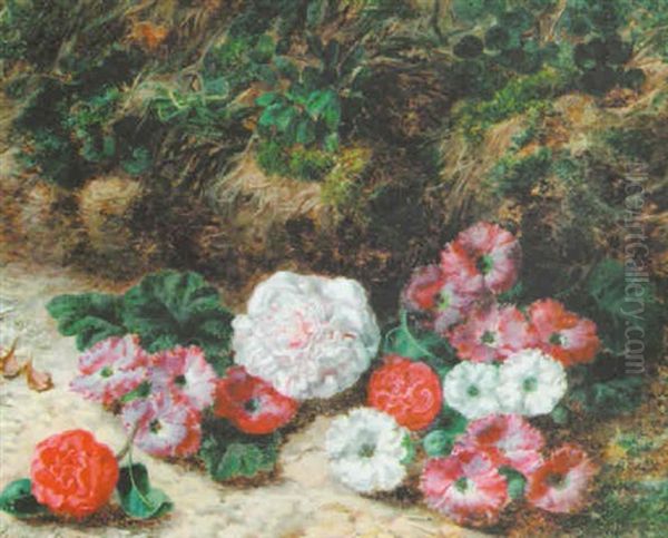 Primulas And Azaleas By A Bank Oil Painting by George Clare