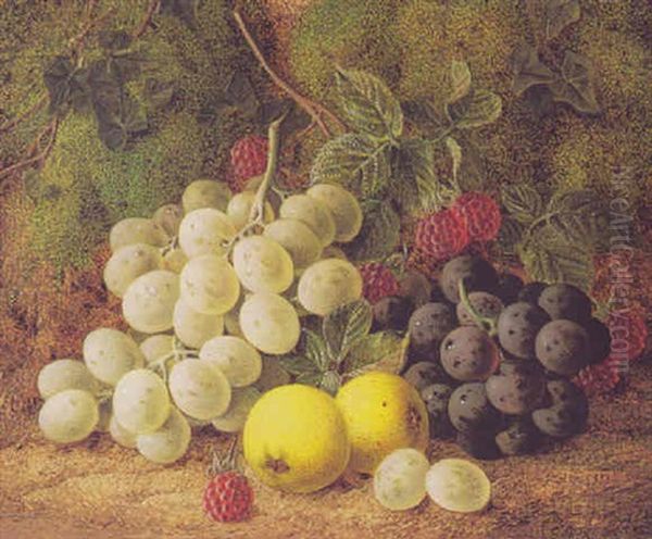 Still Life With Grapes, Rasberries And Apples On A Mossy Bank Oil Painting by George Clare