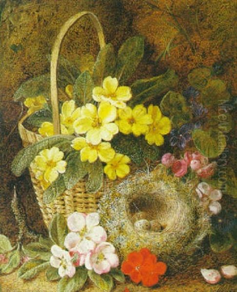 Still Life With Primroses In A Basket And Bird's Nest Oil Painting by George Clare