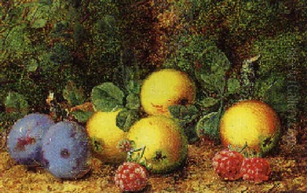 Apples, Plums, And Raspberry On A Mossy Bank Oil Painting by George Clare