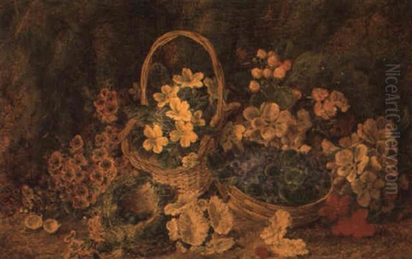 Still Life Of A Basket Of Primroses, A Basket Of Violets, And A Bird's Nest Oil Painting by George Clare