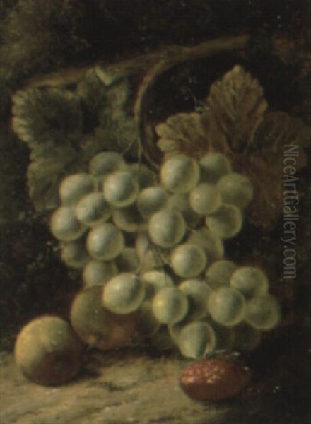 Grapes, Apples And A Strawberry On A Mossy Bank Oil Painting by George Clare