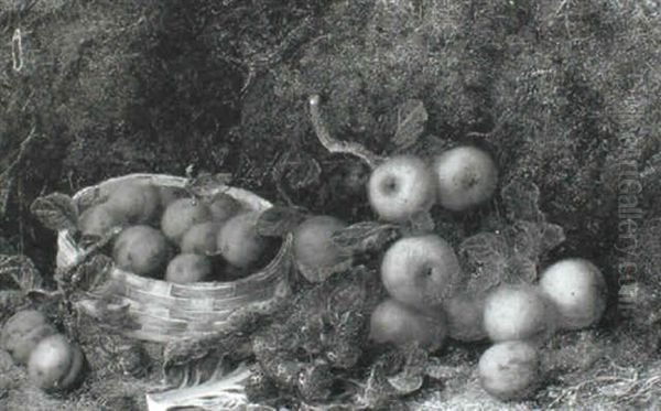 Apples, Strawberries And Plums In A Woven Rush Basket Oil Painting by George Clare