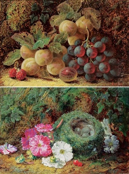 Untitled - Still Life With Plums, Grapes And Raspberries (2 Works) Oil Painting by Oliver Clare