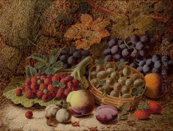 Still Life With Gooseberries In A Basket; Still Life With Fruit On Mossy Bank (two Works) Oil Painting by Oliver Clare