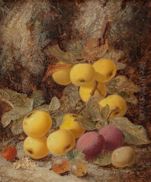 Still Life With Apples And Plums; Still Life With Various Fruits And A Basket Of Gooseb.. Oil Painting by Oliver Clare