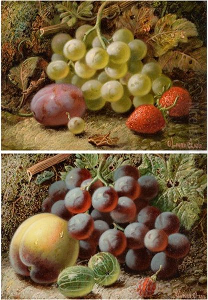 A Still Life Of Grapes, Plums And Strawberries On A Bank Oil Painting by Oliver Clare