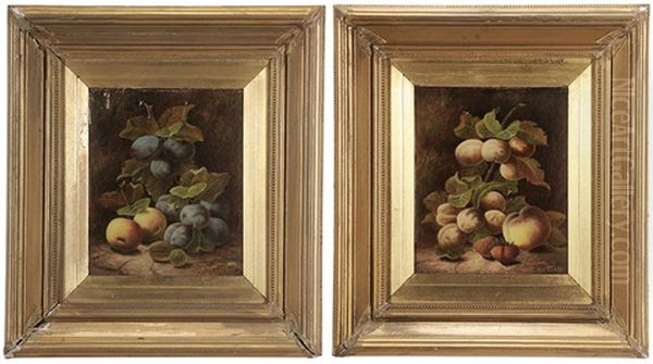 Pair Of Still Lifes: Nectarines, Peach And Strawberries; The Other, Plums, Peaches, Gooseberries Oil Painting by Oliver Clare