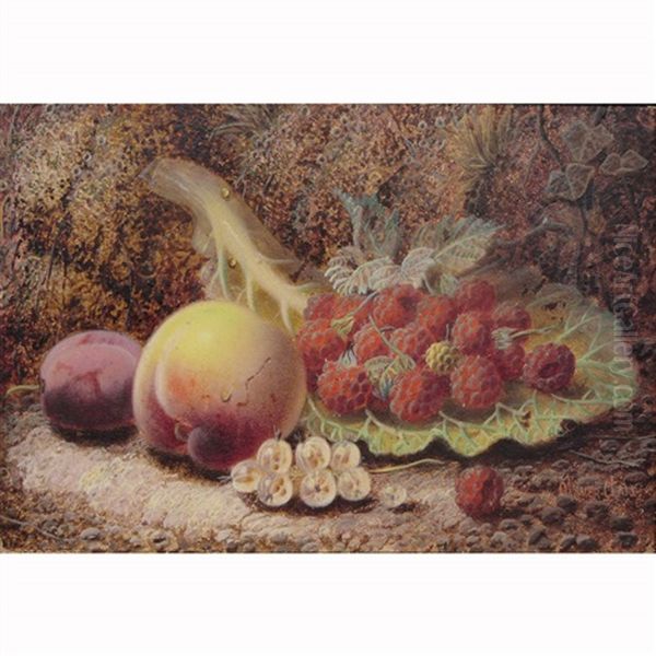 Still Life With A Peach, Plum, Raspberries And Gooseberries On A Mossy Bank Oil Painting by Oliver Clare