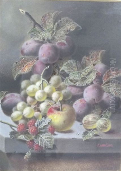 Still Life Of Grapes, Plums, Raspberries, A Peach And Greengages Oil Painting by Oliver Clare