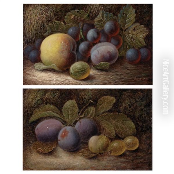 Still Life With Peach, Plum, Grapes And Gooseberries Oil Painting by Oliver Clare